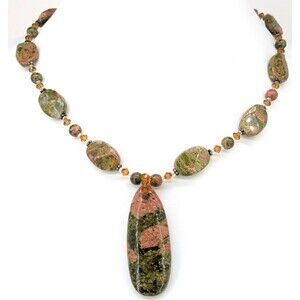 Unakite Stone Bead Necklace Silver Tone Drop Pendant 18 Inches Polished Beads
